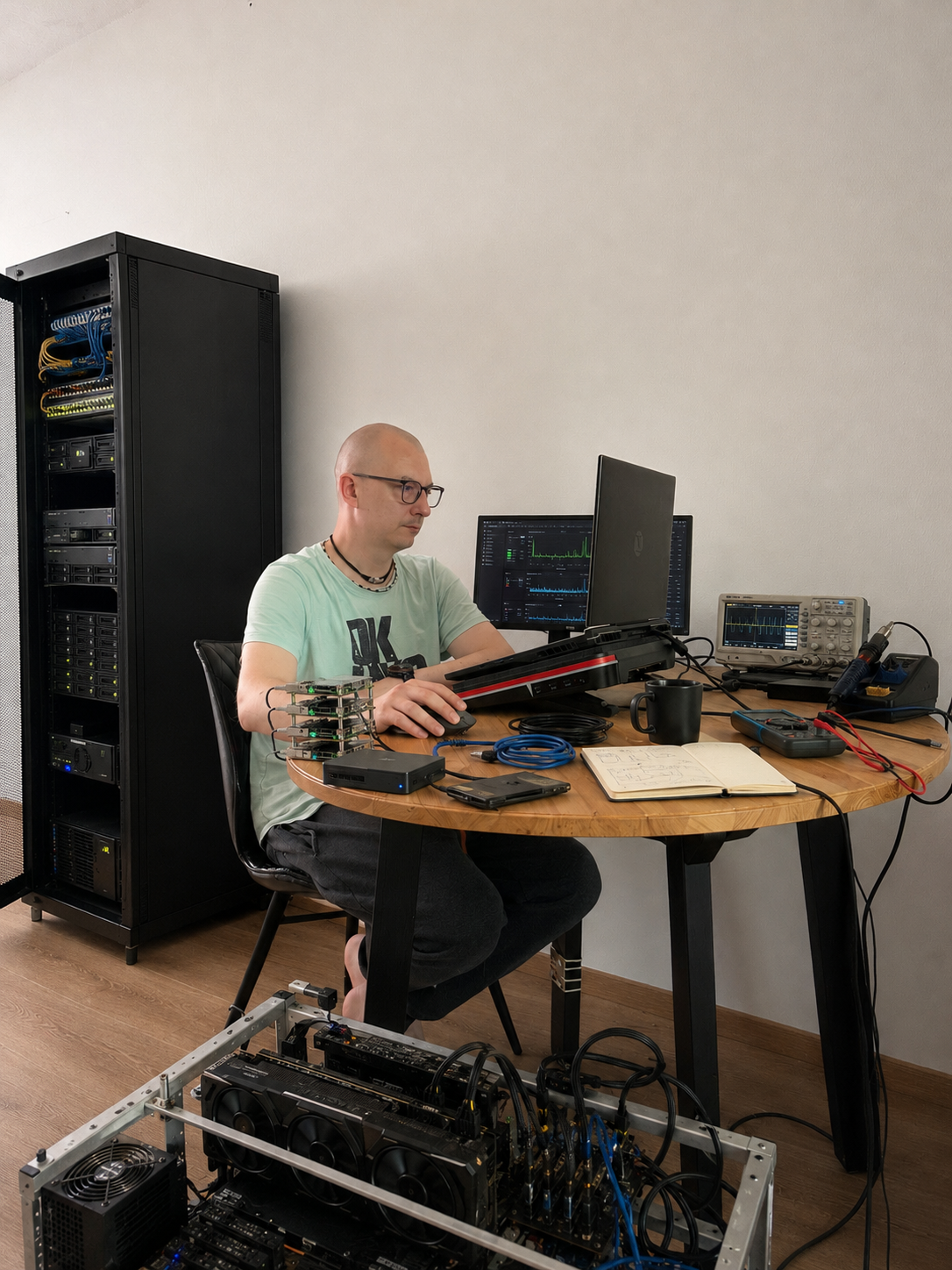 Artem tezgâhın başında: solda sunucular ve patch panel içeren 19 inçlik rack, masada Raspberry Pi kümesi, dizüstü bilgisayar ve telemetri panolarını gösteren bir monitör, sağda osiloskop ve lehim istasyonu, ön planda açık bir GPU rig’i.